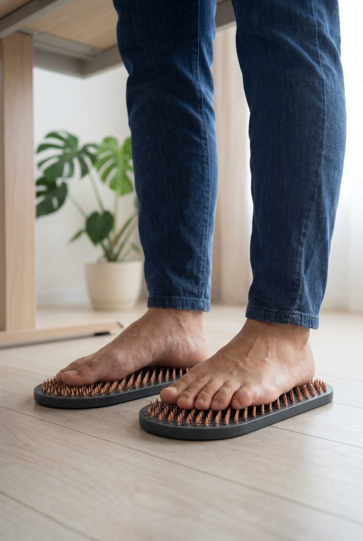 Steps Flex shown in use — barefoot beside a chair with the board on a wooden floor